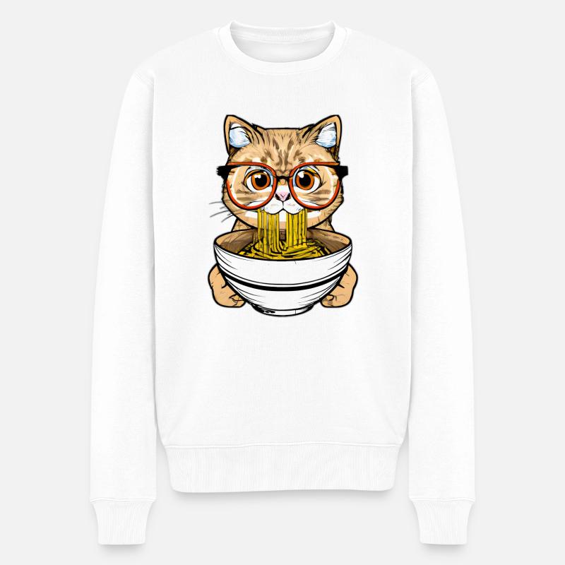 Süße Katze genießt Ramen Nudeln Design - Männer Premium Bio Pullover - Weiß