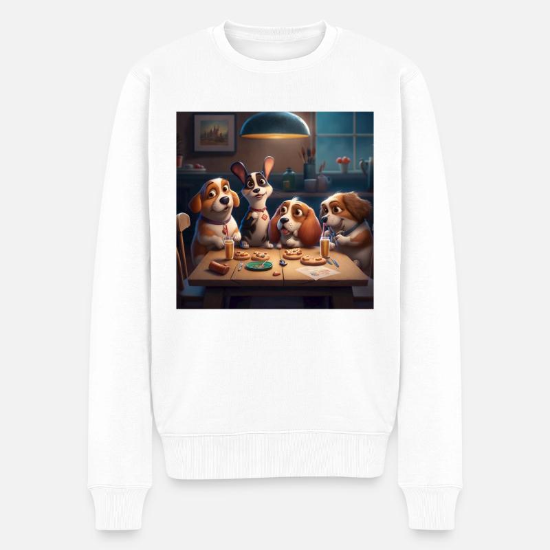 4 Hunde sitzen am Tisch und Essen - Männer Premium Bio Pullover - Weiß
