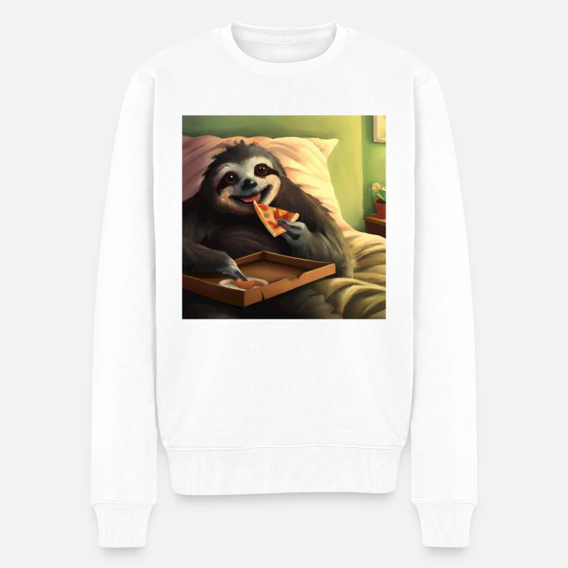 Glückliches Faultier isst Pizza - Männer Premium Bio Pullover - Weiß