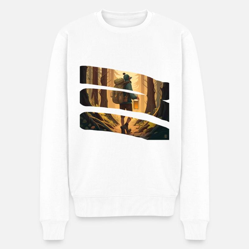 Wanderer im Wald mit Bier - Männer Premium Bio Pullover - Weiß