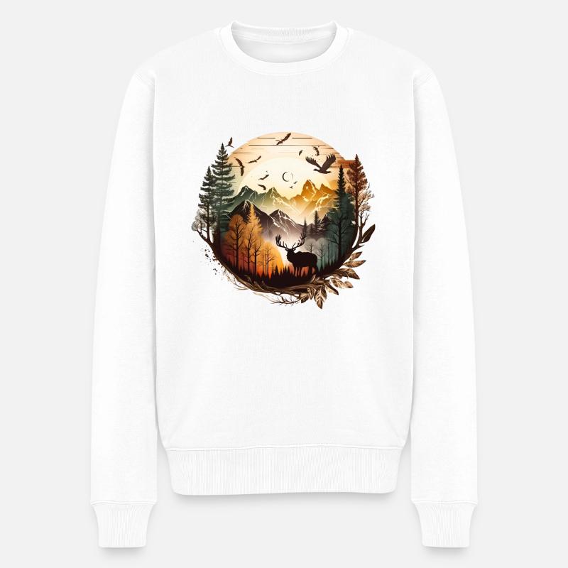 Landschaft Hirsch | Berge | Sonne - Männer Premium Bio Pullover - Weiß