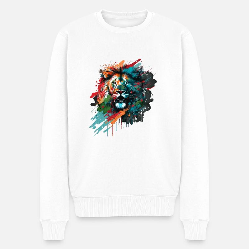 Schöner bunter Löwenkopf mit Spritzer - Männer Premium Bio Pullover - Weiß