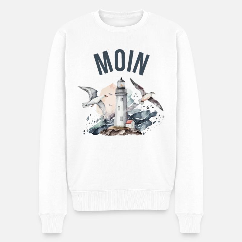 Moin (mit Leuchtturm und Möwen) - Männer Premium Bio Pullover - Weiß