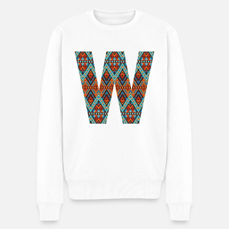 Buchstabe W- Boho-Design, Buntes Monogramm - Männer Premium Bio Pullover - Weiß