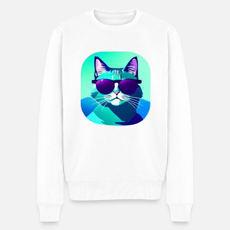 Katze mit Sonnenbrille - Männer Premium Bio Pullover - Weiß