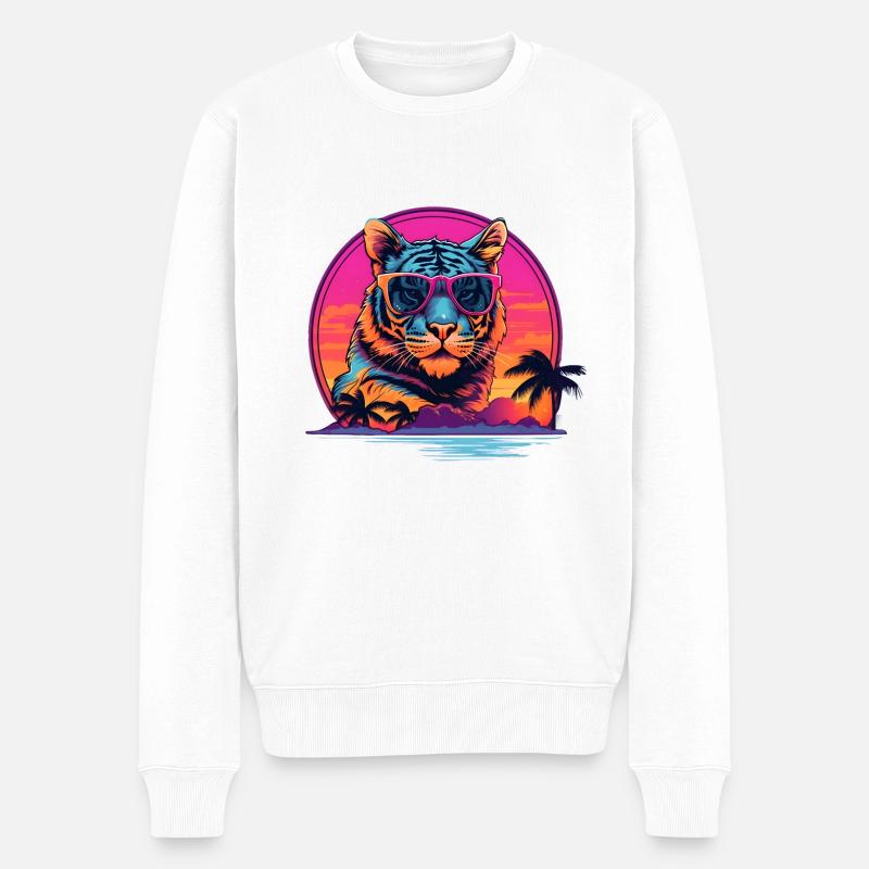 Synthwave Tiger Sunset - Männer Premium Bio Pullover - Weiß