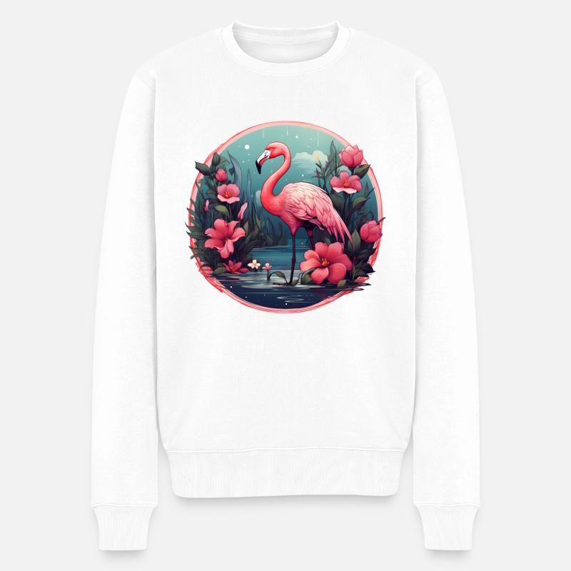 Flamant rose floral - Pull Premium bio Homme - blanc