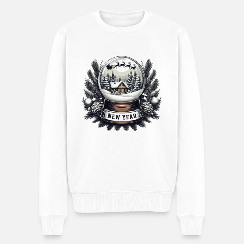 Neujahrszauber: Schneekugel & Schlitten des Weihnachtsmanns - Männer Premium Bio Pullover - Weiß