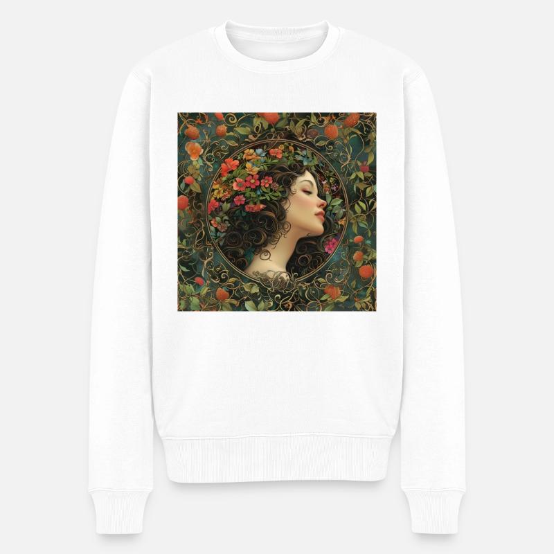 Junges Mädchen mit floralen Ornamenten - Männer Premium Bio Pullover - Weiß