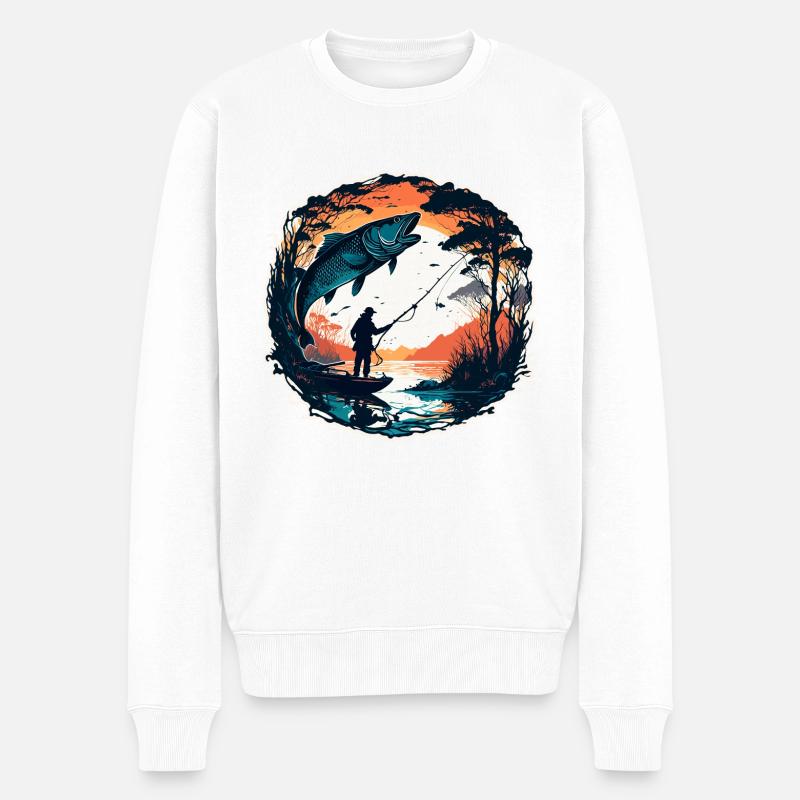 Pêcheur Siluette / Pêche / Poissons / Lac / Sport - Pull Premium bio Homme - blanc
