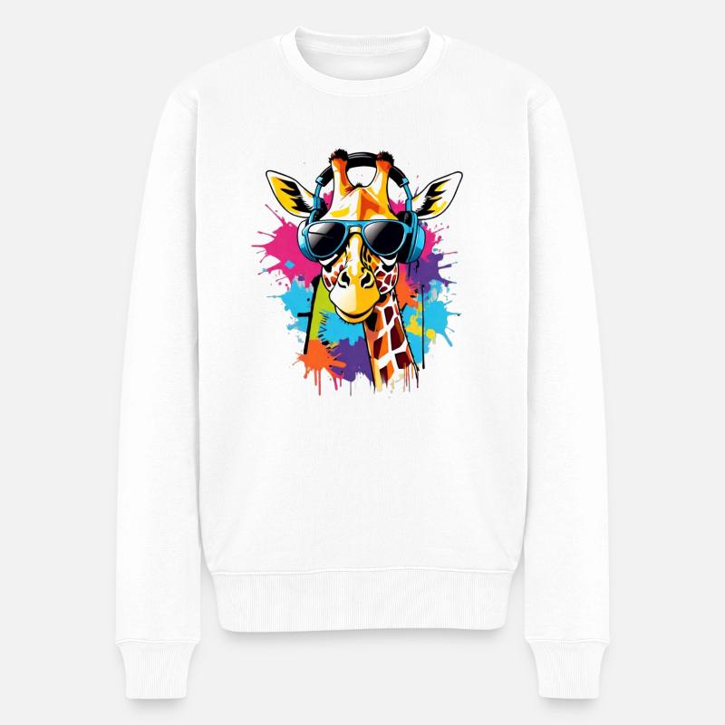 Coole DJ Giraffe mit Sonnenbrille und Kopfhörer - Männer Premium Bio Pullover - Weiß