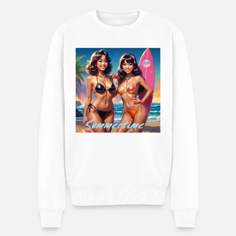 Das Bild zeigt drei Skelette, die auf farbenfrohen - Männer Premium Bio Pullover - Weiß