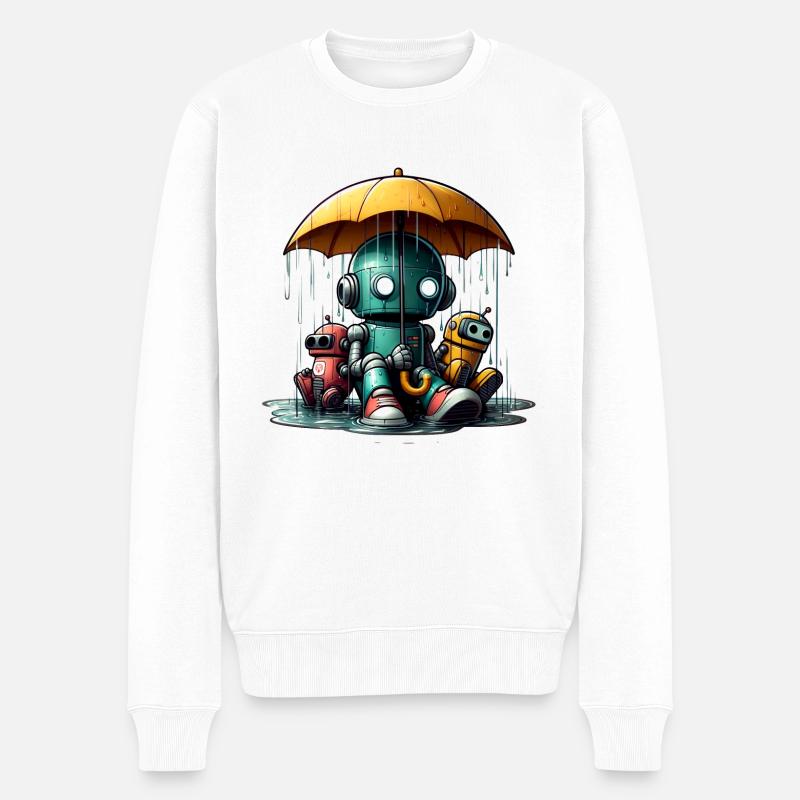 Trois Robots Pluie Parapluie - Pull Premium bio Homme - blanc