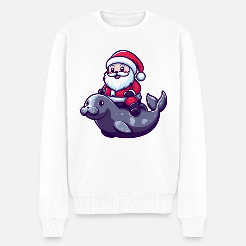Robbe Tier Weihnachtsmann Cartoon - Männer Premium Bio Pullover - Weiß