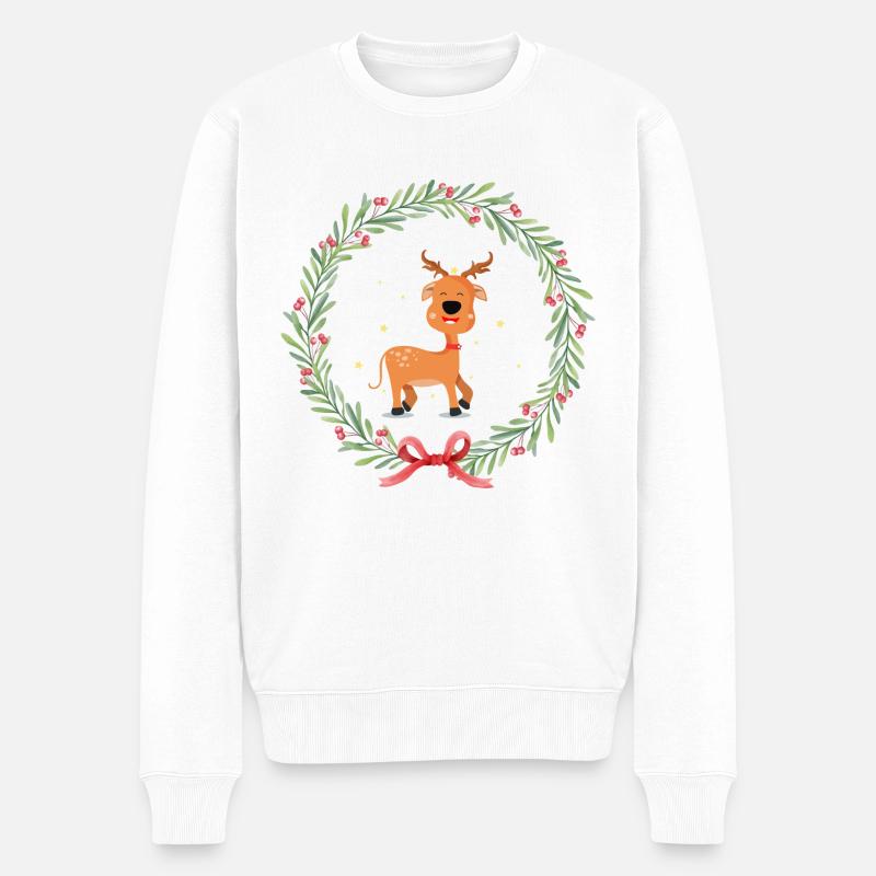 Lustiges Rentier im Weihnachtskranz - Männer Premium Bio Pullover - Weiß