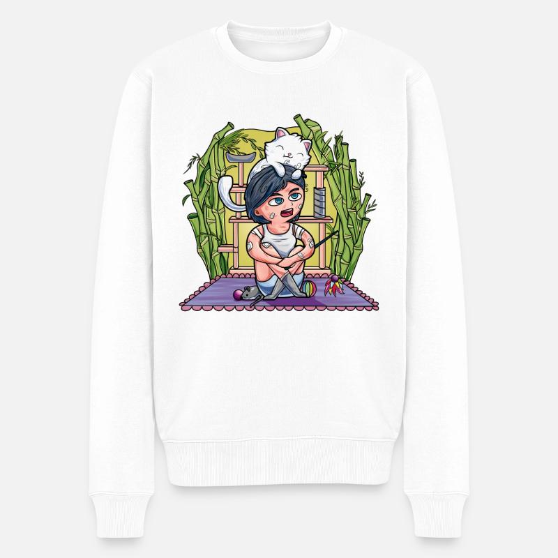Fille / femme avec son chat - Pull Premium bio Homme - blanc