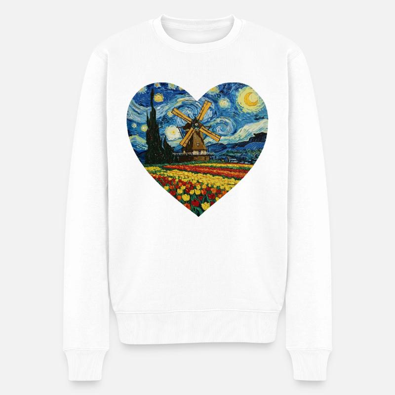 Hollande art Moulin à vent et tulipes VG - Pull Premium bio Homme - blanc