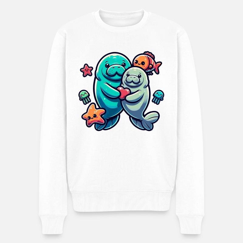 Verliebte Manatees Dugongs mit bunten Fischen - Männer Premium Bio Pullover - Weiß