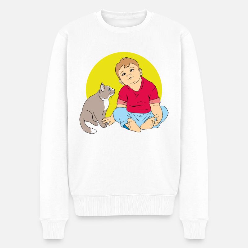 Junge spricht mit Katze - Männer Premium Bio Pullover - Weiß