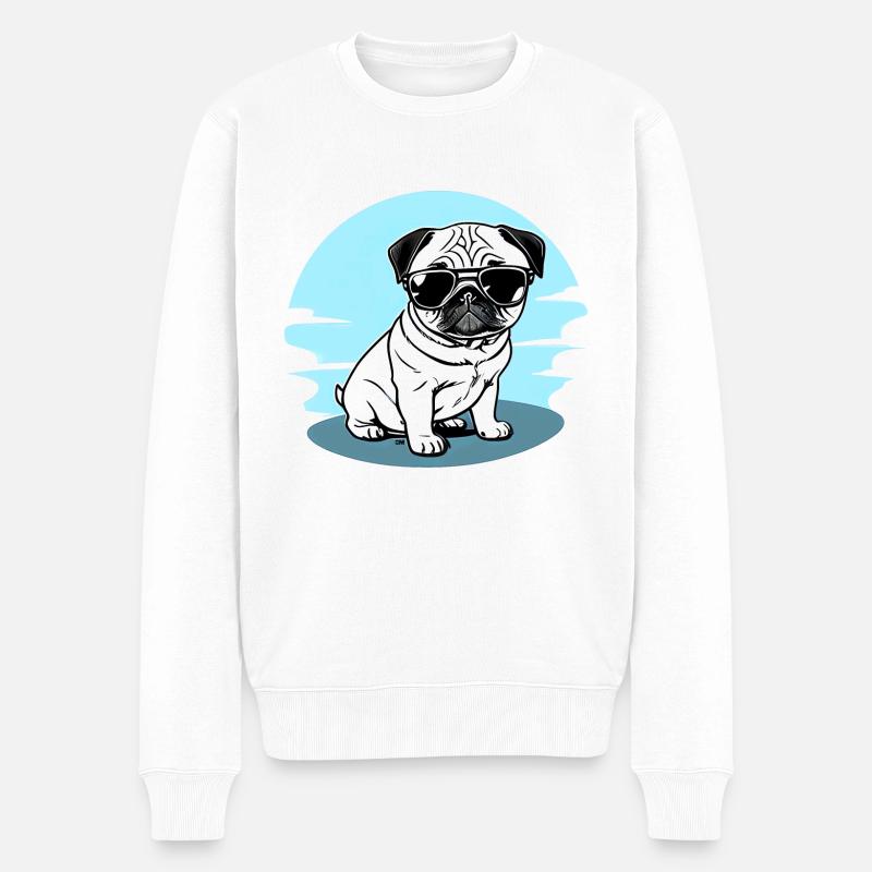 Mops Hund mitSonnenbrille auf blauem Hintergrund - Männer Premium Bio Pullover - Weiß