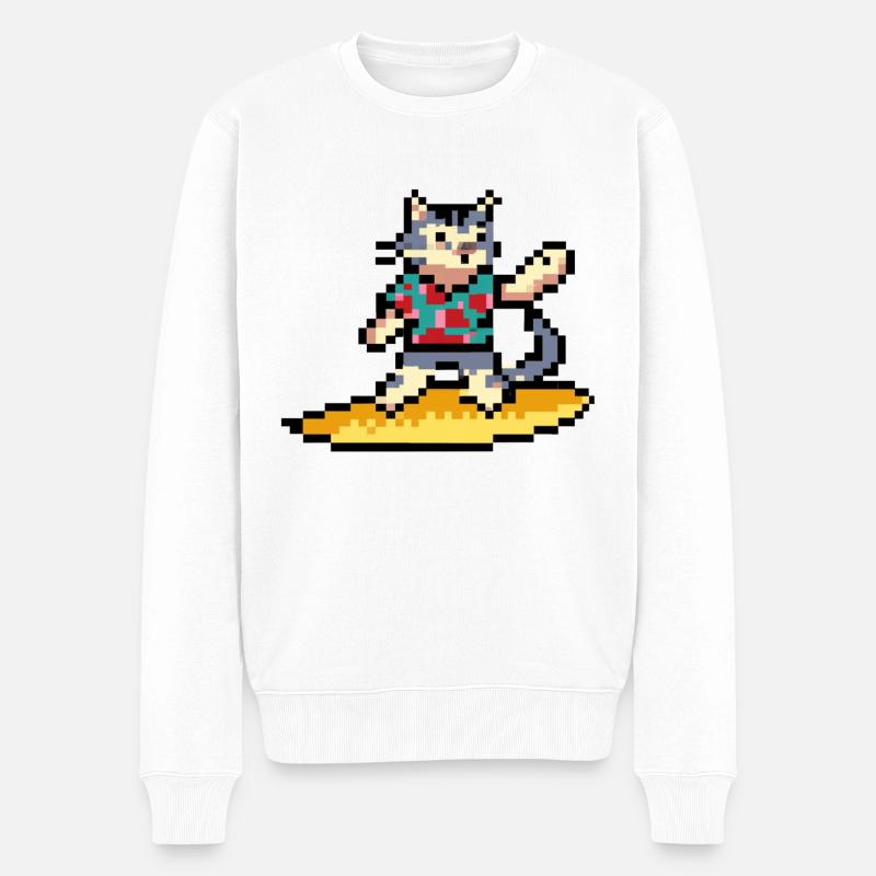 Surfkatze, Pixelkunst - Männer Premium Bio Pullover - Weiß