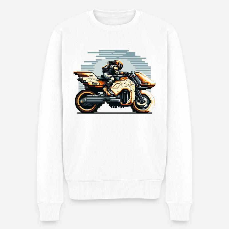 Eine Bikerin fährt das 8 Bit Motorrad der Zukunft - Männer Premium Bio Pullover - Weiß