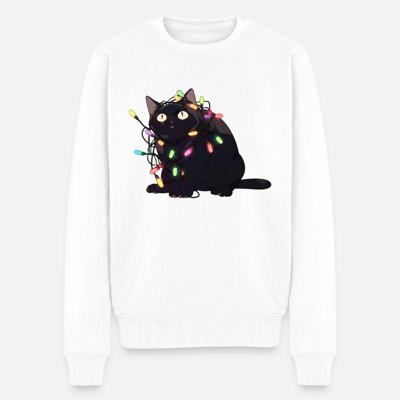 Weihnachts-Katze in der Lichterkette - Männer Premium Bio Pullover - Weiß