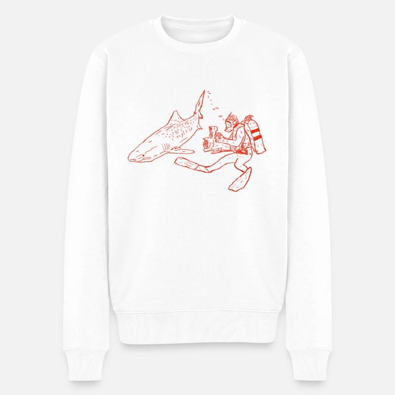 Hai mit Kamerataucher - Männer Premium Bio Pullover - Weiß