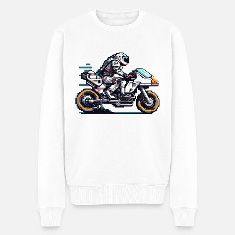 Ein Astronaut fährt ein 8 Bit Motorrad der Zukunft - Männer Premium Bio Pullover - Weiß