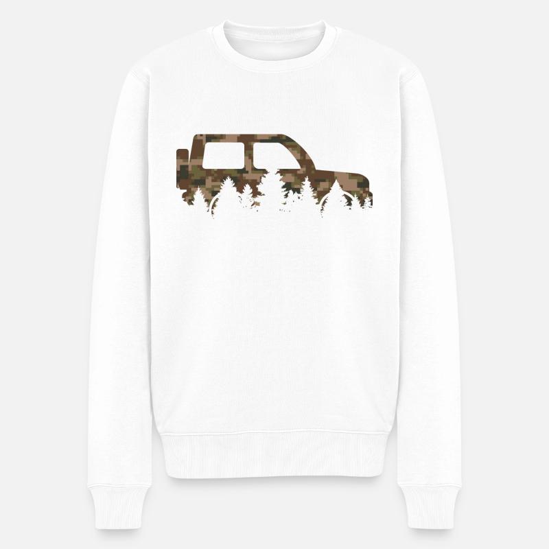 Véhicule tout-terrain dans la forêt avec camouflage - Pull Premium bio Homme - blanc