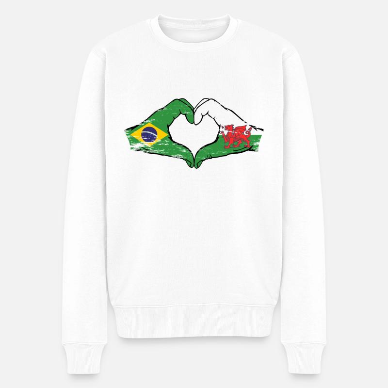 Brasilien Wales Flagge Hände Herzform used - Männer Premium Bio Pullover - Weiß