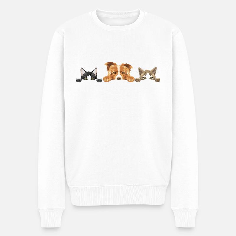 Niedlicher spähender Border Collie-Hund und zwei Katzen - Männer Premium Bio Pullover - Weiß