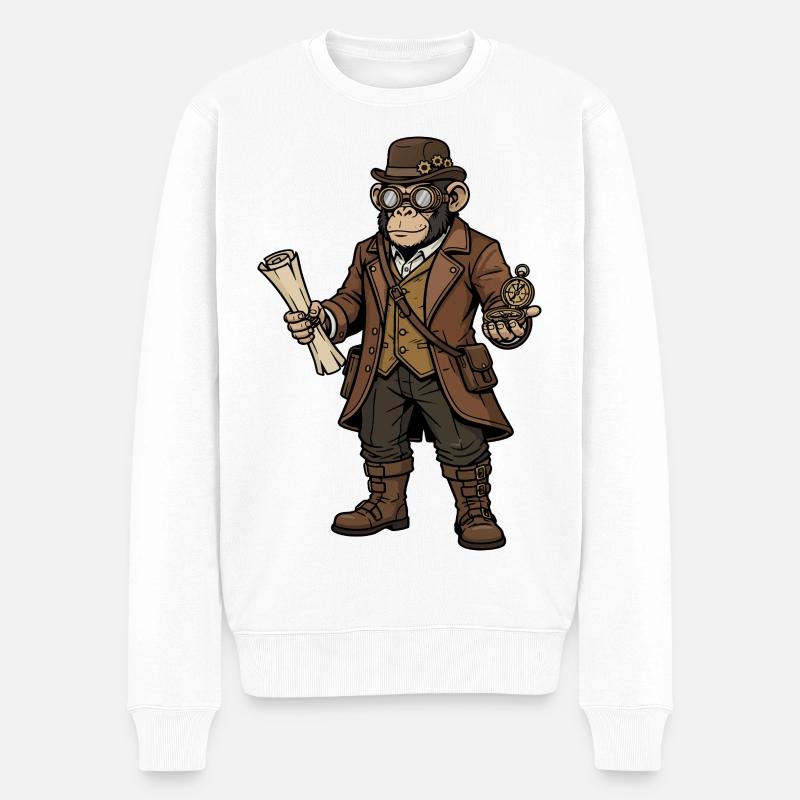Singe Explorateur Steampunk Aventure Rétro - Pull Premium bio Homme - blanc