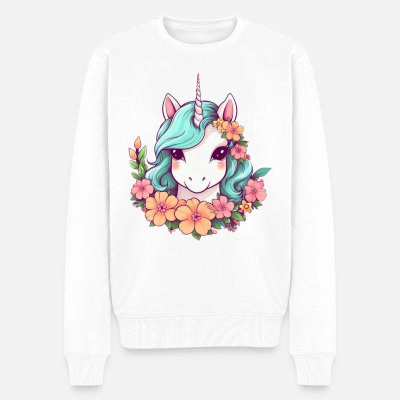 Licorne avec fleurs - Design de style élégant - Pull Premium bio Homme - blanc