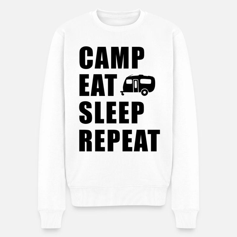 Camp Eat Sleep Repeat Wohnwagen in Schwarz - Männer Premium Bio Pullover - Weiß