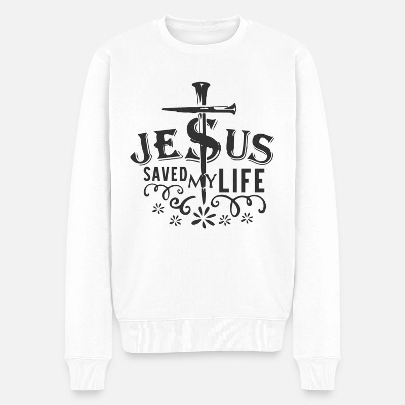 Jesus hat mir das Leben gerettet - Männer Premium Bio Pullover - Weiß