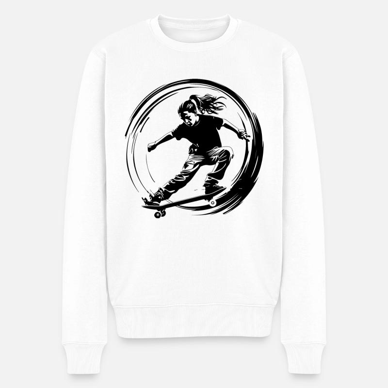 Skateboarding Frau Skateboard Silhouette - Männer Premium Bio Pullover - Weiß