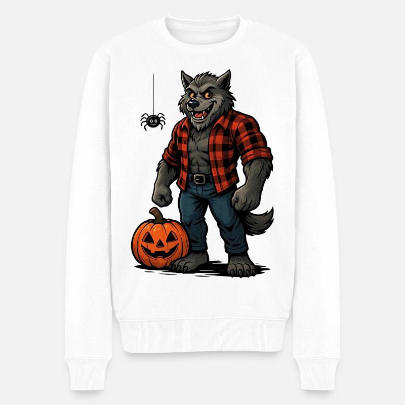 Loup-garou d’Halloween avec citrouille et araignée - Pull Premium bio Homme - blanc