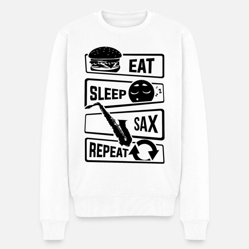 Eat Sleep Sax Repeat - Saxophon Saxofon Instrument - Männer Premium Bio Pullover - Weiß