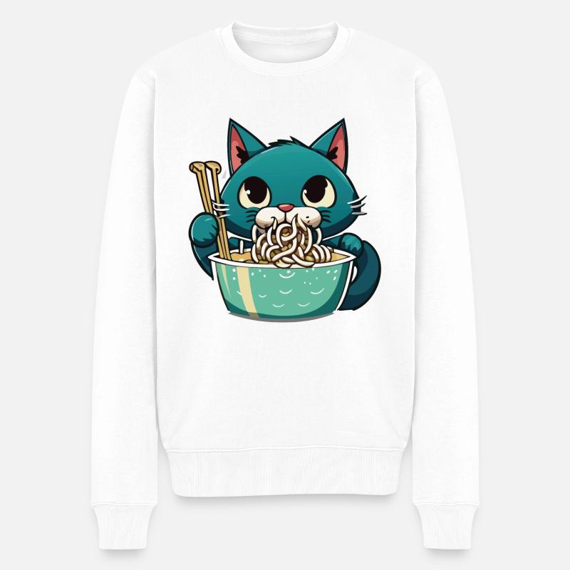 Le chat mange des noldes instantanés - Pull Premium bio Homme - blanc