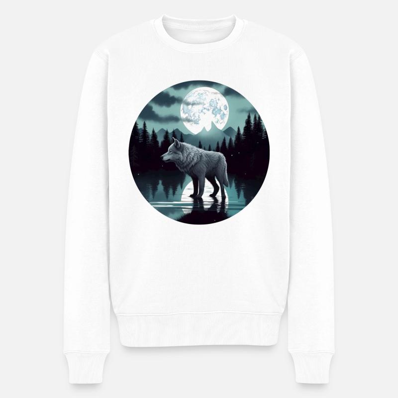 Grauer Wolf überlebt die Waldmondsee-Grafik - Männer Premium Bio Pullover - Weiß