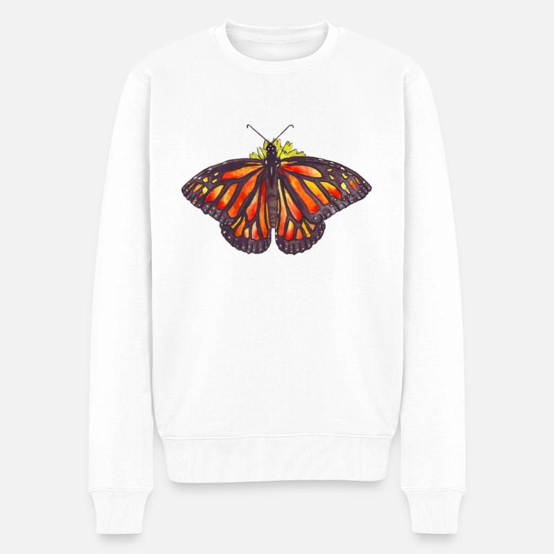 papillon monarque sur une fleur avec les ailes ouvertes - Pull Premium bio Homme - blanc