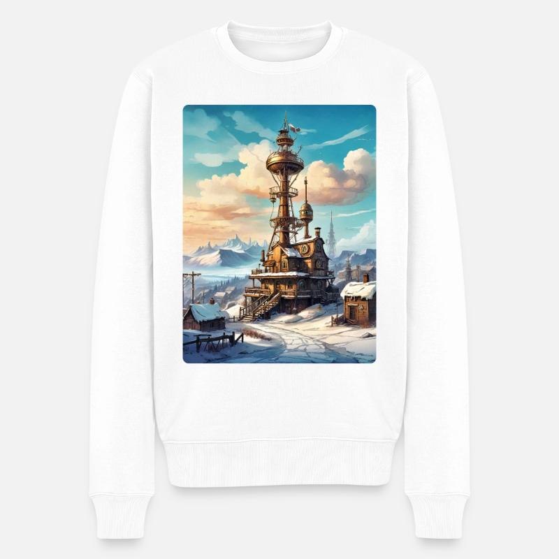 Steampunk Winterlandschaft mit Funkturm 1.16 - Männer Premium Bio Pullover - Weiß