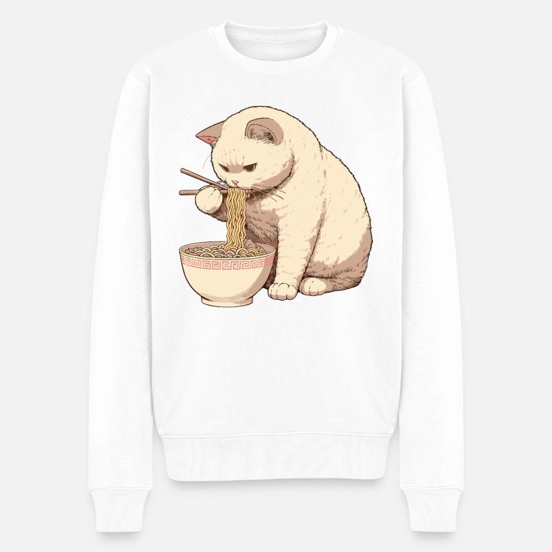 Katze isst Ramen Nudeln - Männer Premium Bio Pullover - Weiß