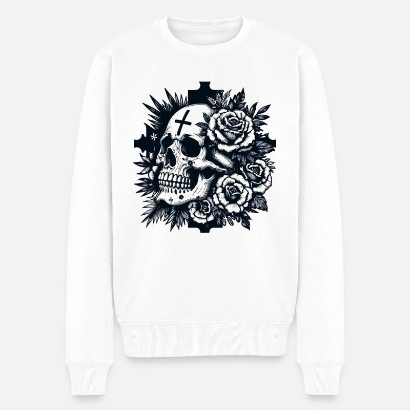 Totenschädel unter Rosen - Männer Premium Bio Pullover - Weiß