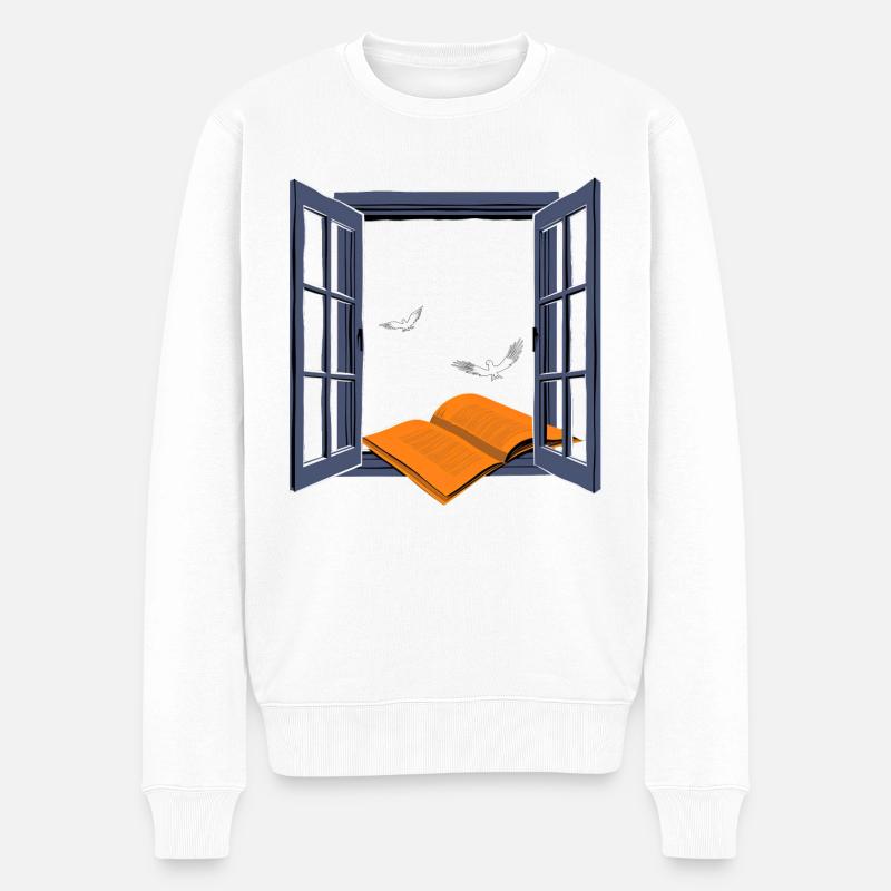 Orangefarbenes Buch mit fliegenden Vögeln: Dunkle Farben - Männer Premium Bio Pullover - Weiß