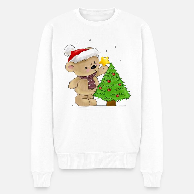 Bärchen schmückt Weihnachtsbaum - Männer Premium Bio Pullover - Weiß