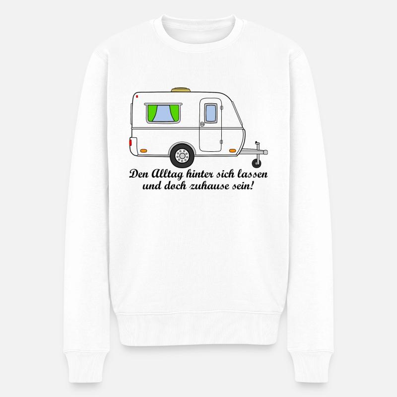 Wohnwagen / Caravan mit Spruch "Alltag" - Männer Premium Bio Pullover - Weiß