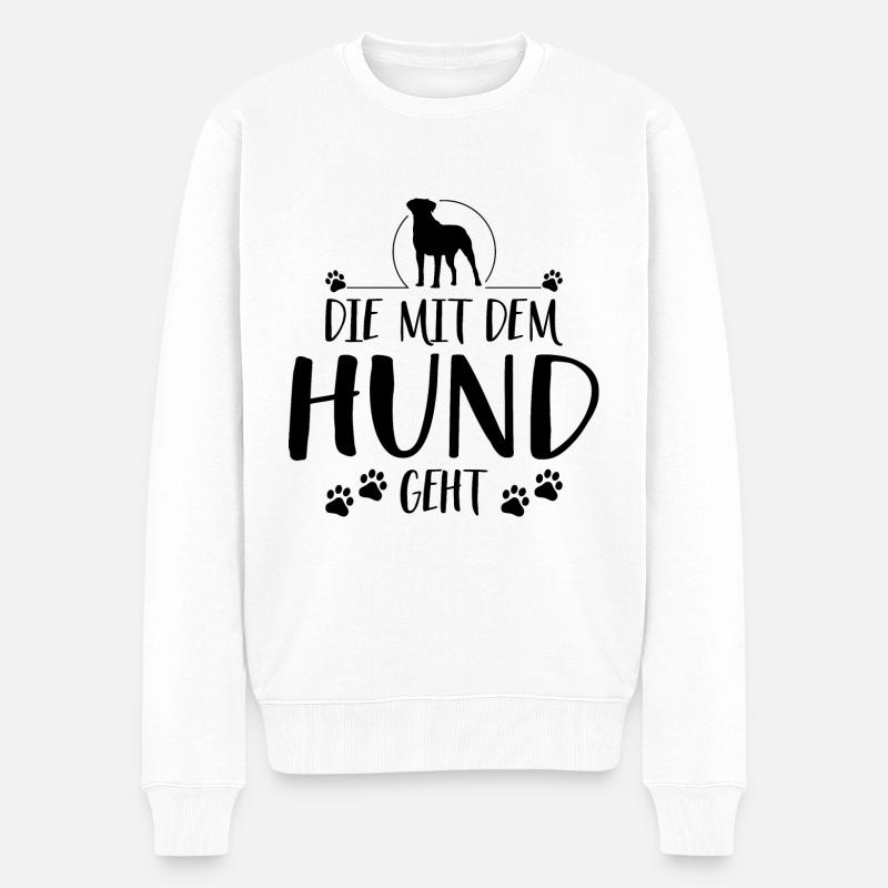 Die mit dem Hund geht Hundespruch Hunde - Männer Premium Bio Pullover - Weiß