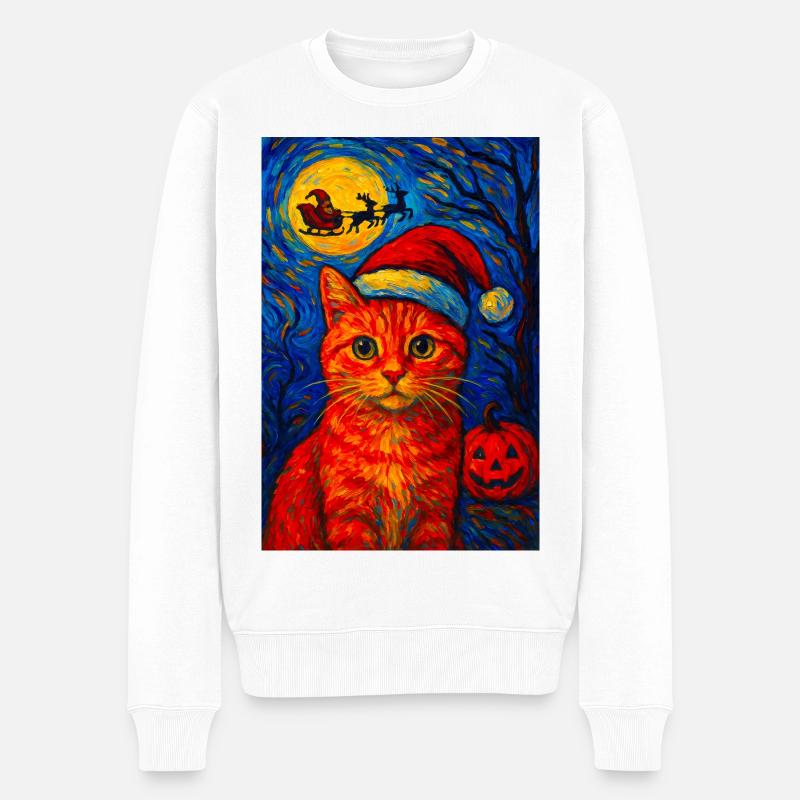 Santa Hat Black Cat Festive Christmas Starry Night - Männer Premium Bio Pullover - Weiß